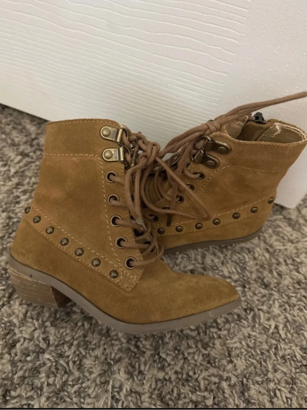 Joyfolie Tan Suede Lace-Up Studded Ankle Boots